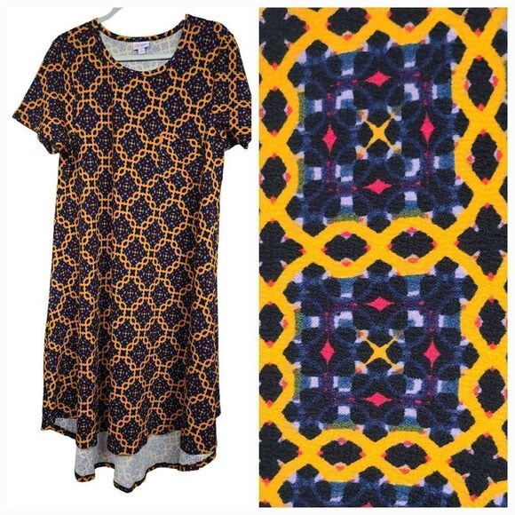 LuLaRoe Carly Jacquard Dress M 10/12 Black Tribal Tile Midi Pocket High Low NWT - Picture 1 of 10